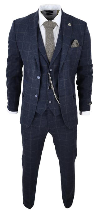 Traje de lana de 3 piezas para hombre, de tweed azul marino a cuadros, Peaky Blinders, estilo Gatsby de los años 20 - Image 2