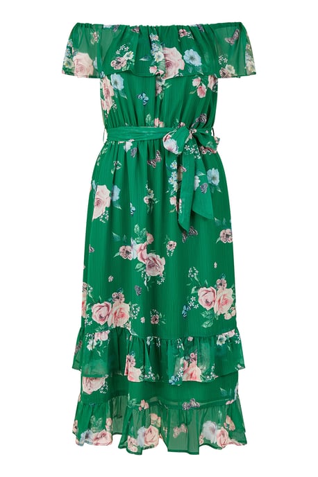 Green Floral Bardot Midi Dress With Frill Hem