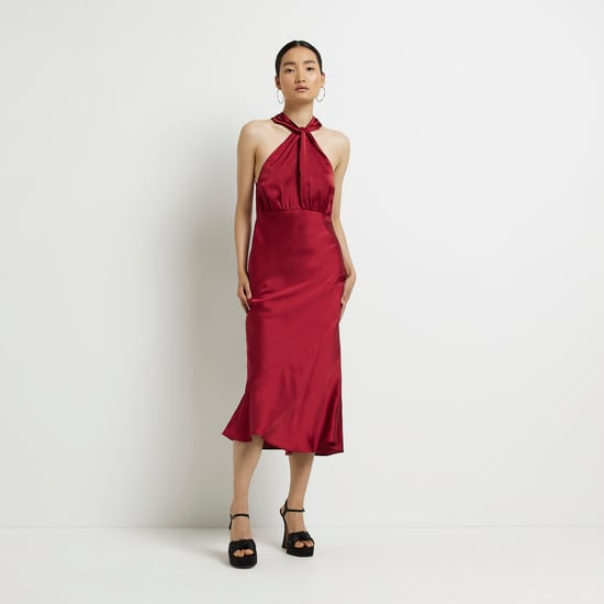River Island Womens Midi Dress Red Satin Halter Neck
