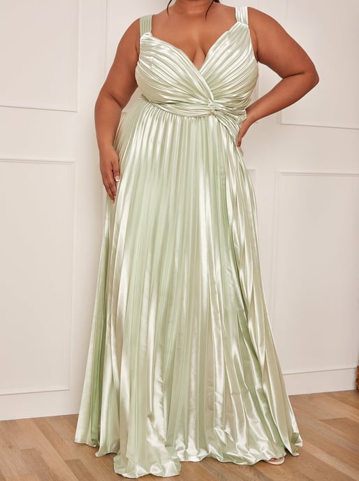 Plus Size Satin Pleated Wrap Maxi Dress in Mint