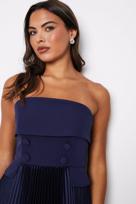 Button Front Bandeau Pleat Skirt Midi Dress - Image 4