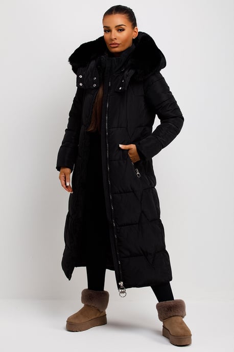Jess Women’s Long Puffer Coat with Faux Fur Hood & Zip Pockets