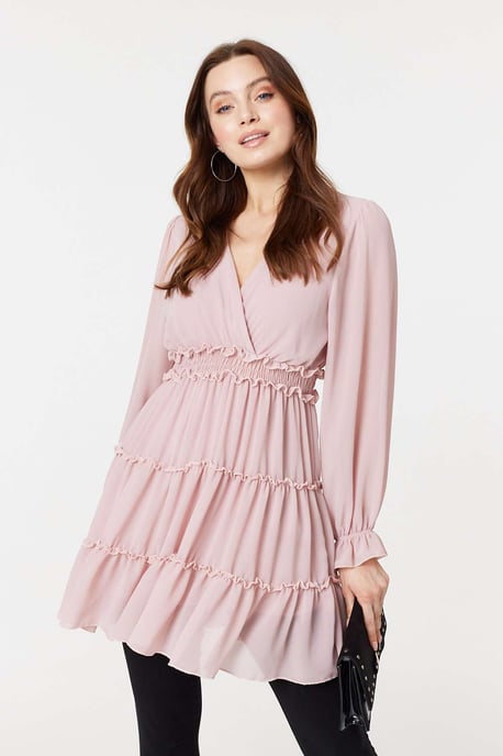 Pink Lace Detail Long Sleeve Mini Dress
