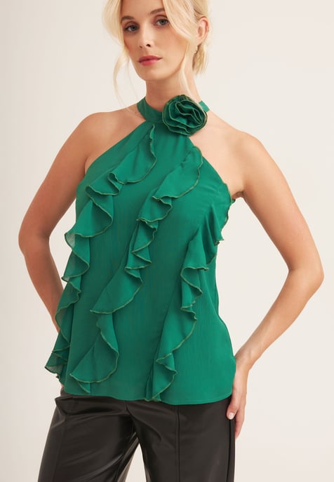 Green Ruffle Detail Halter Neck Top