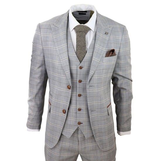 Mens Light Grey 3 Piece Velvet Trims Tailored Fit Suit