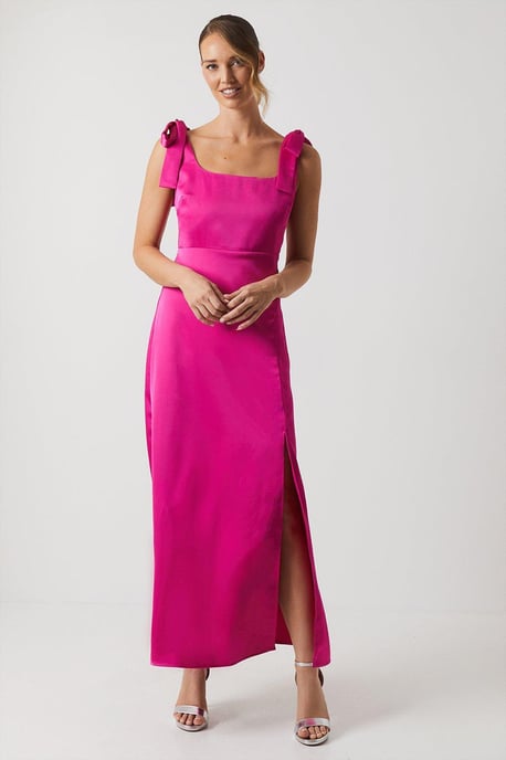 Satin Tie Shoulder Midi Bridesmaids Dress - Image 1