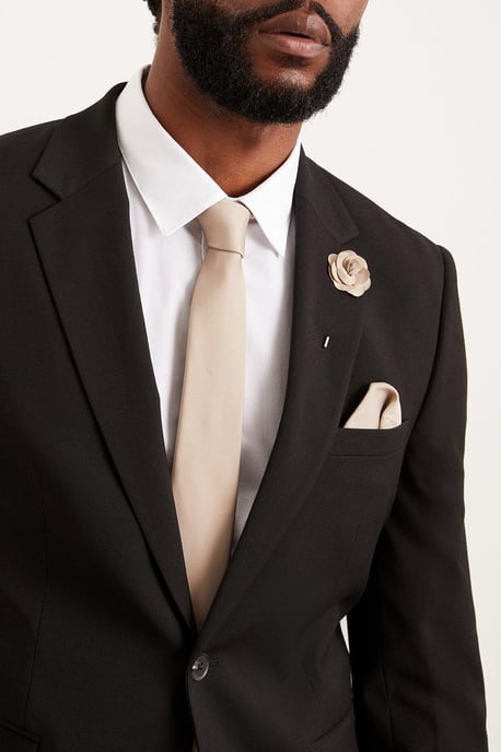 Slim Champagne Wedding Plain Tie Set With Matching Lapel Pin - Image 1