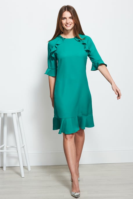 Emerald Green Ruffle Trim Detail Shift Dress