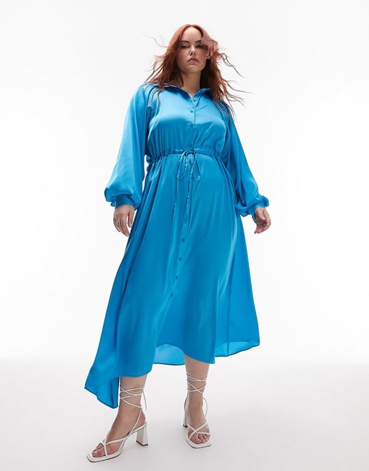 Topshop Curve satin midi shirt dress in blue