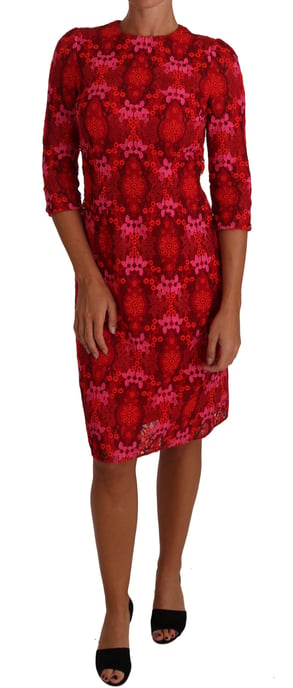 Vestido Entallado de Encaje de Crochet Floral en Rojo y Rosa de Dolce & Gabbana - Image 1