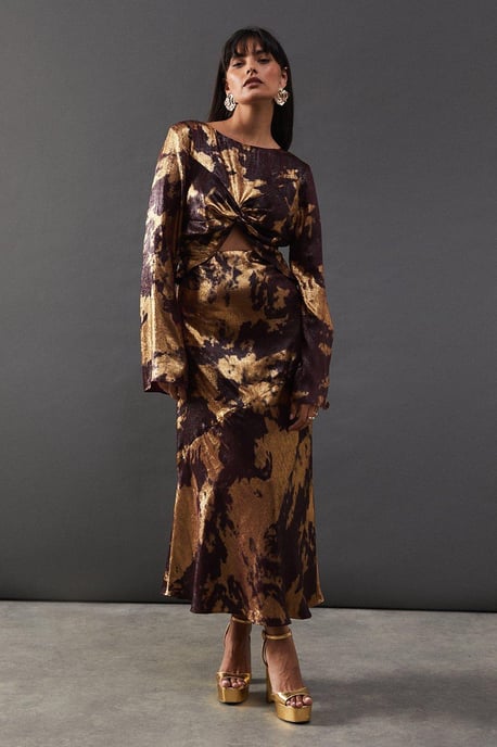 Metallic Marble Twist Front Bias Midi Dress - Image 1