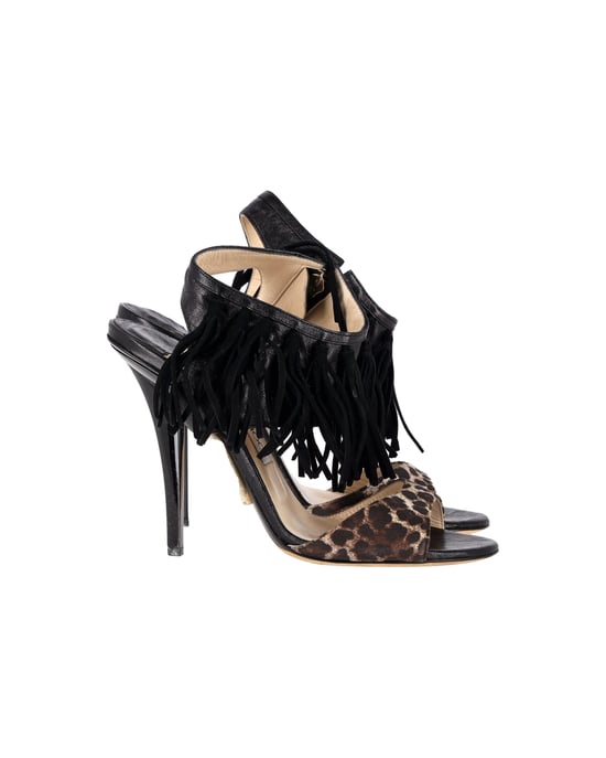 Jimmy Choo Leopard-Print Fringe Sandals in Black Leather - Image 1