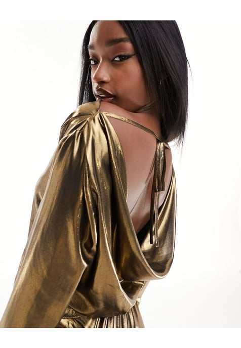 ASOS DESIGN sheer metallic cowl back blouse co-ord in gold