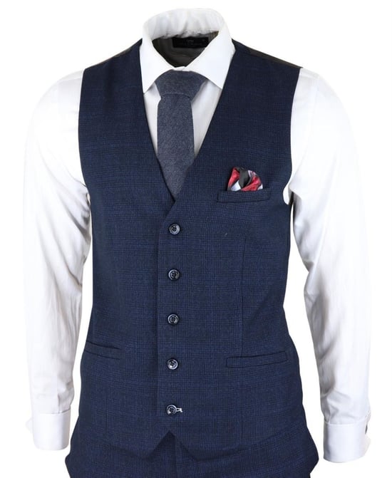 Traje clásico retro de tweed a cuadros azul marino de 3 piezas para hombre - Image 4