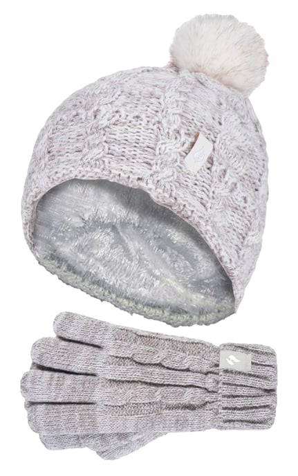 Heat Holders - Set de gorro y guantes para niña - Gorro con puño vuelto y guantes de punto estilo cable - Oatmeal Twist - Image 1