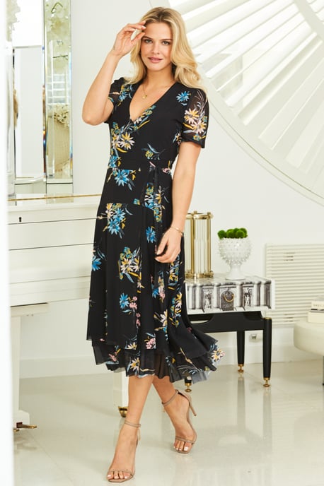 Black Floral Print Mesh Wrap Dress
