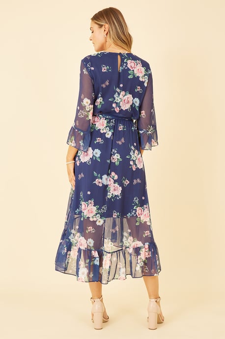Navy Floral Wrap Dress With Dipped Hem