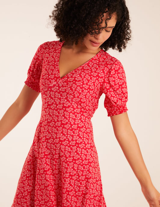 Shirring Cuff Sleeve Tea Dress