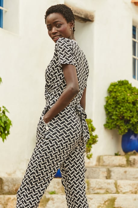Black & White Geometric Print Wrap Front Jumpsuit