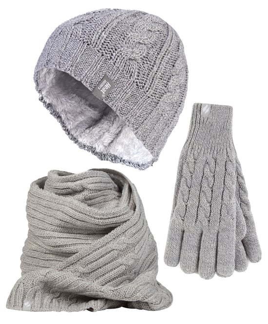 Set de gorro, bufanda y guantes de punto para mujer - Gris claro - Image 1