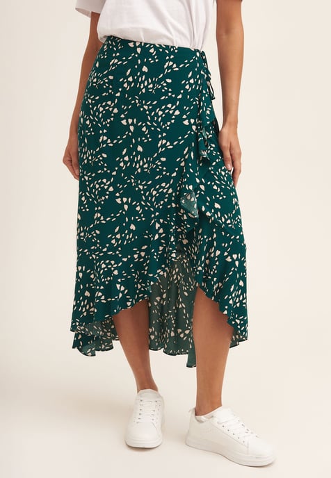 Animal Print Ruffle Wrap Midi Skirt