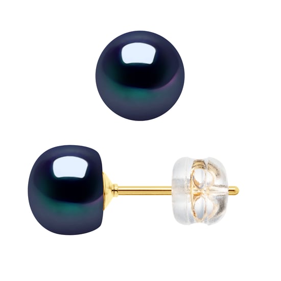 DIADEMA - Earrings - Real Freshwater Pearls - Black Tahitian Style - Yellow Gold