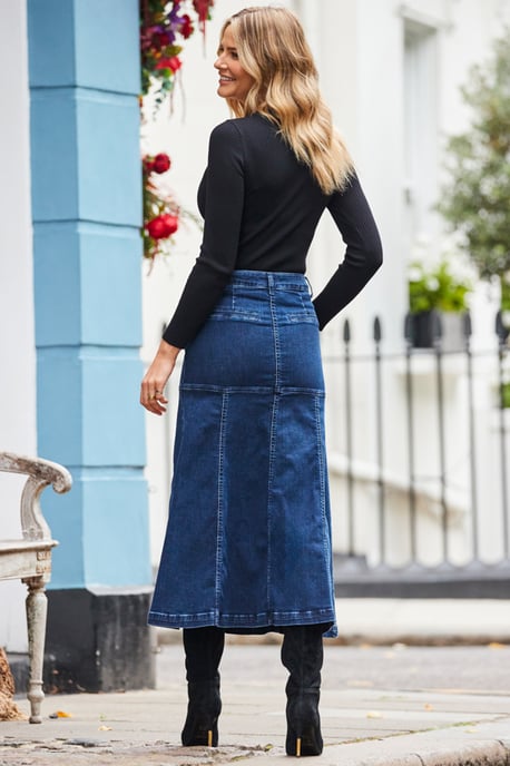 Dark Indigo Blue Panelled Denim Midi Skirt