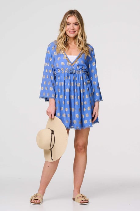 Blue Foiled Leaf Print Short Beach Dress