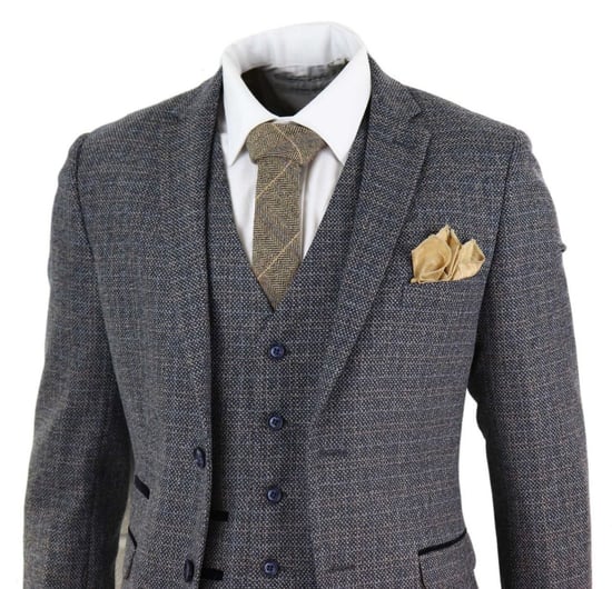 Traje retro vintage de tweed a cuadros azul marino de 3 piezas para hombre - Image 5