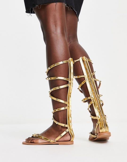 ASOS DESIGN Florida studded high leg gladiator flat sandals in gold