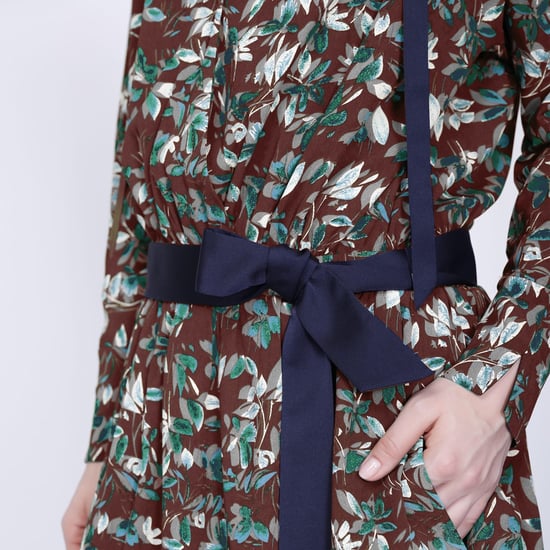 Satin collar short dress and leaves print - Image 3