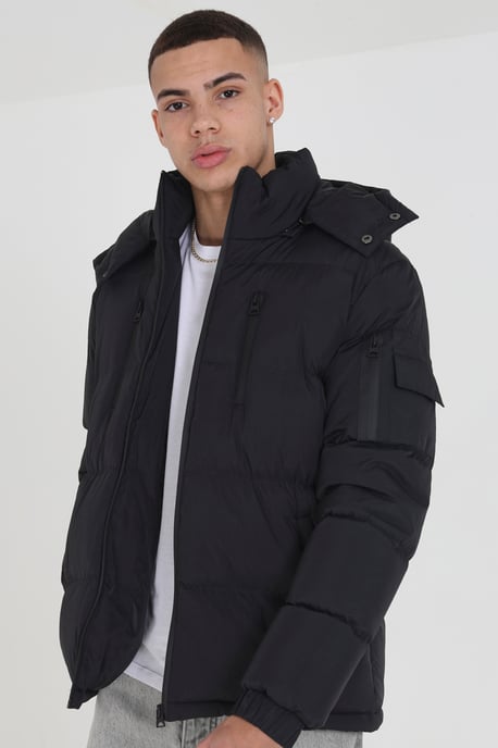 Black Padded Jacket With Detachable Hood