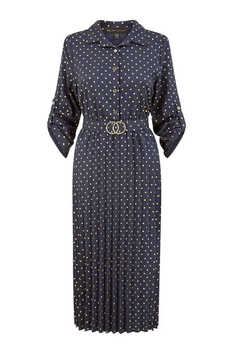Navy Spot Pleated Skirt Midi Dress With Gold Buckle