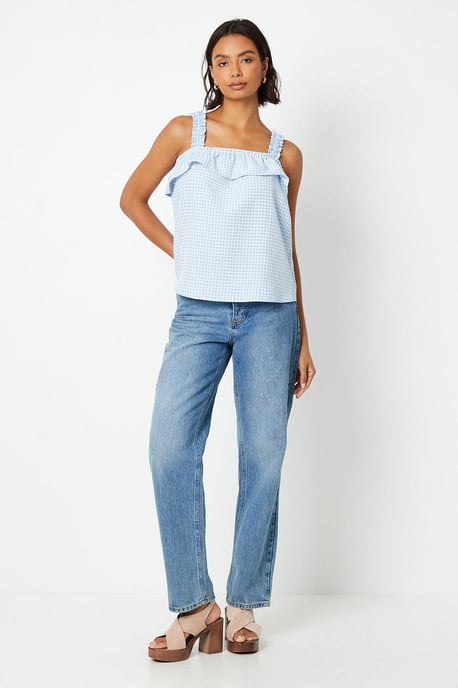 Gingham Frill Square Neck Strappy Top