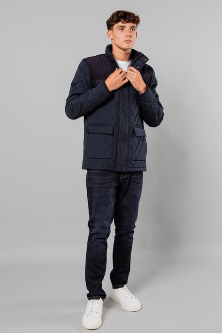 Navy Diamond Quilted Jacket With Corduroy Detail