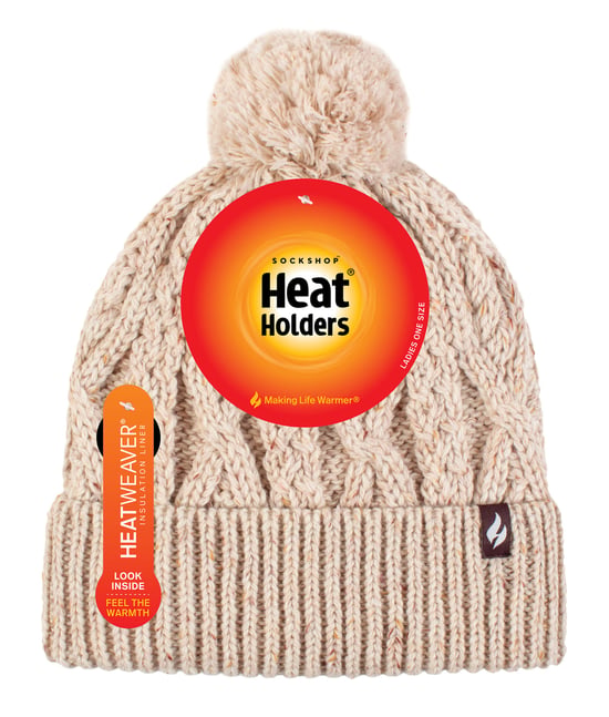 Gorro de mujer con forma de pompón | Calentador | Gorro de punto grueso y cálido con forro polar Heatweaver | Estilo Salzburgo - Natural - Image 2