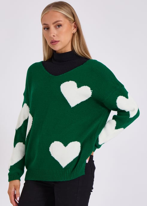 Green V Neck Oversized Heart Knit Jumper