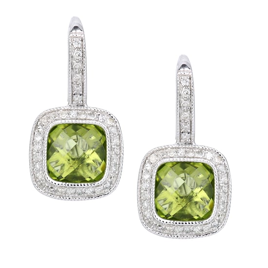 Pendientes de aro cuadrados en oro blanco de 9 quilates con diamantes y peridoto - Image 1