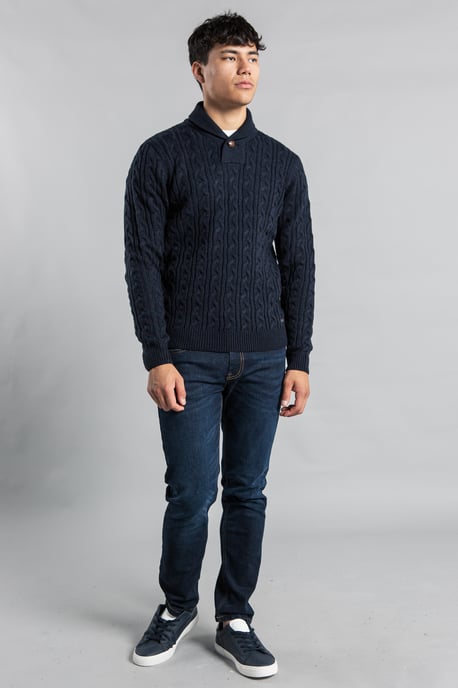 Navy Shawl Neck Cable Knit Jumper