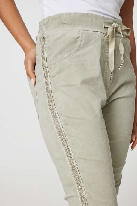 Khaki Denim Embellished Side Jeggings