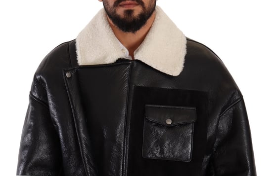 Abrigo de motociclista de cuero negro con forro de piel de oveja para hombre de Dolce & Gabbana - Image 4