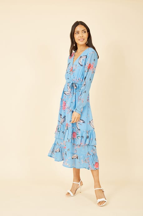 Blue Crane Print Long Sleeve Wrap Midi Dress
