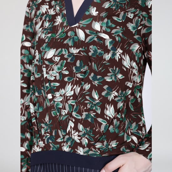 Satin col-v blouse and leaves print - Image 3