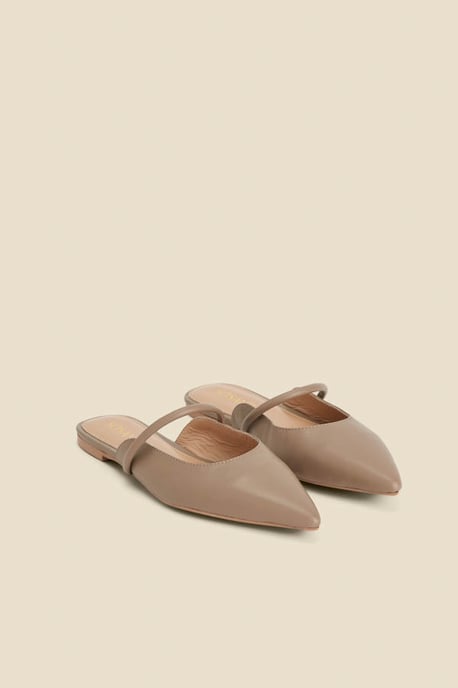 Taupe Leather Pointed Toe Strap Detail Flat Mules