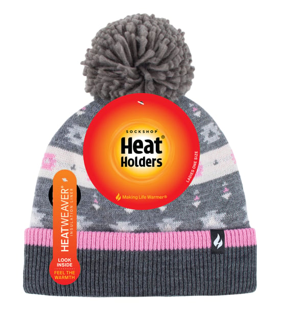 Heat Holders - Gorro de invierno de punto con forro polar y pompones - Rosa / Gris - Image 2