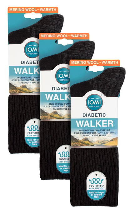 3 Pack Calcetines Diabéticos para Caminar para Hombre | IOMI FOOTNURSE | Extra Wide Soft Top Seamless Hiking Socks - Negro - Image 2