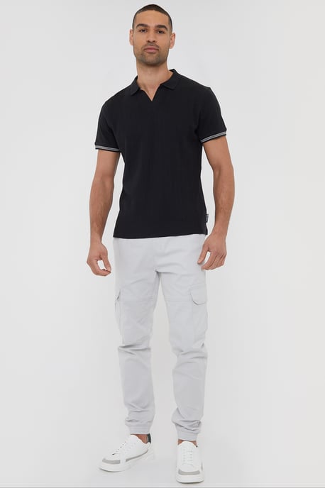 Black 'Tucson' Textured Knit Open Collar Polo Shirt