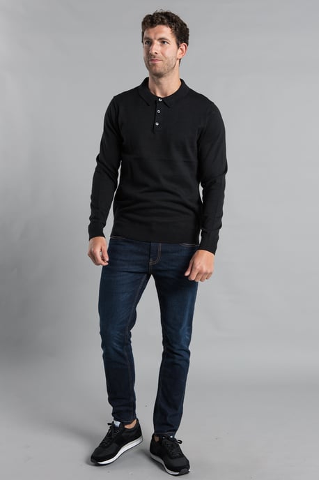 Black Cotton Knitted Long Sleeve Polo