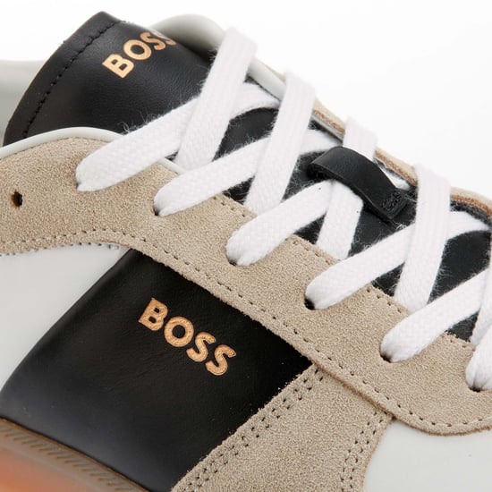 Men's Hugo Boss Foil Print Branding Leather-Suede Trainers in Beige