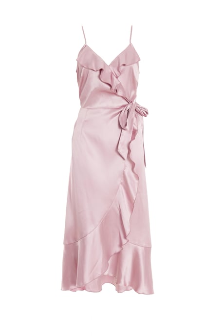 Pink Satin Wrap Frill Midi Dress